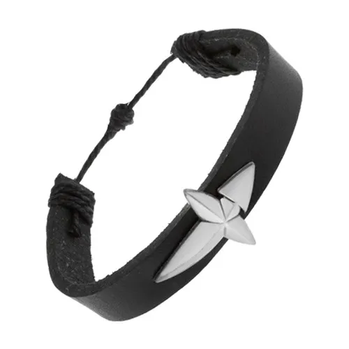 Náramek z černé umělé kůže, kříž stříbrné barvy, jemně patinovaný