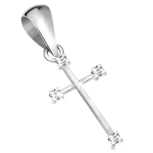 Přívěsek z bílého 14K zlata - křížek s úzkými rameny a čirými diamanty