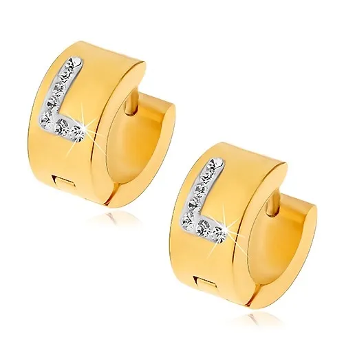 Kruhové náušnice z chirurgické oceli zlaté barvy, písmeno L s čirými zirkony