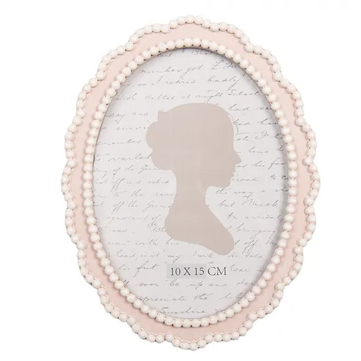 Růžový oválný fotorámeček s bílými perličkami - 13*2*18 cm / 10*15 cm Clayre & Eef