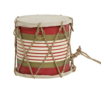 Červeno-bílý vánoční dřevěný buben s kůží Drum Vintage - Ø 11*10 cm 52059033