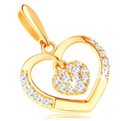 Přívěsek ve žlutém 14K zlatě - kontura srdce s menším zirkonovým srdíčkem