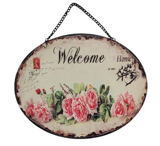 Závěsná kovová cedule s růžemi a řetízkem Welcome - 25*20 cm 8PL-724820253333