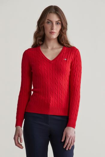 SVETR GANT STRETCH COTTON CABLE V-NECK RUBY RED