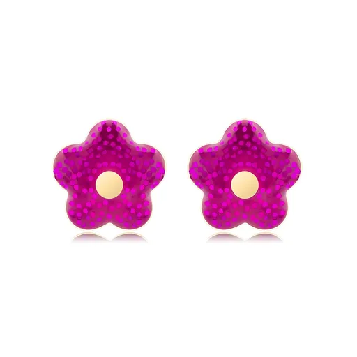 Náušnice ze 14K zlata ve tvaru květu s fuchsiovými třpytkami