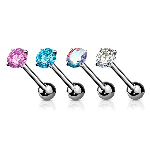 Ocelový 316L piercing do jazyka - stříbrná barva, hladká činka, kulatý zirkon, PVD úprava - Barva zirkonu: Růžová - P