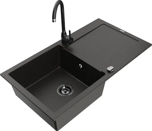 MEXEN/S Leo granitový dřez s odkapávačem včetně baterie Telma, černá/zlatá metalik 6501-75-670200-70-B