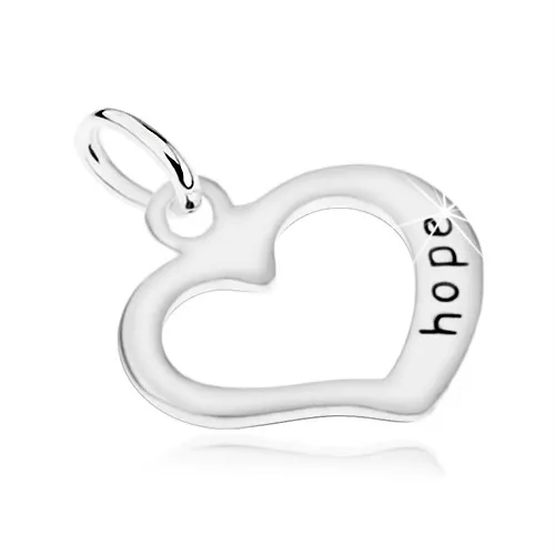 Stříbrný přívěsek 925, kontura nesouměrného srdíčka, nápis "hope"