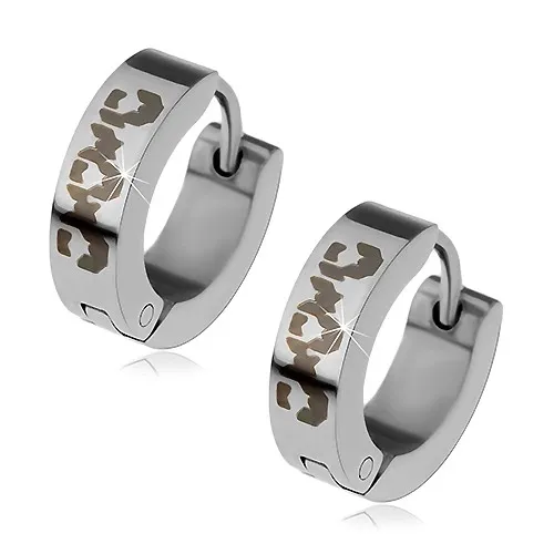 Kloubové ocelové náušnice stříbrné barvy, černý asymetrický vzor