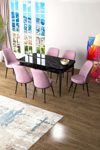 Extendable Dining Table & Chairs Set (7 Pieces) Zen - Black Marble, Pink