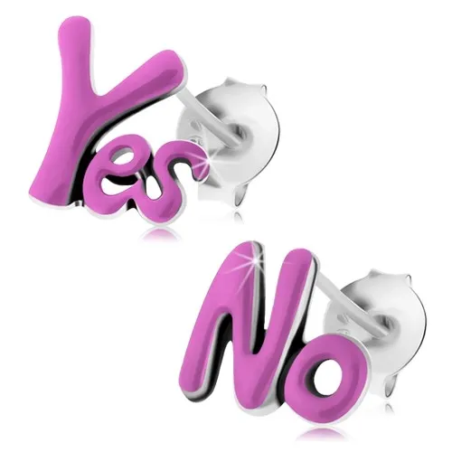 Patinované náušnice ze stříbra 925, anglické nápisy Yes a No, fialová glazura