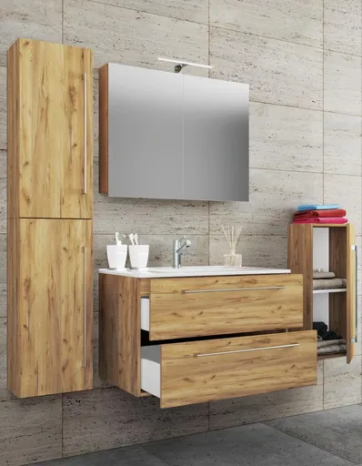 VCM 5dílná umyvadlová skříňka Badinos 2 zásuvky 80 cm se zrcadlem a střední/vysokou skříňkou, dub medový