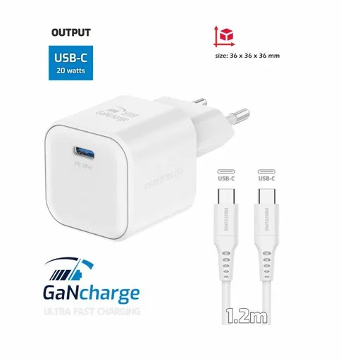 SWISSTEN SÍŤOVÝ ADAPTÉR GaN 1x USB-C 20W POWER DELIVERY BÍLÝ + DATOVÝ KABEL USB-C/USB-C 1,2 M BÍLÝ
