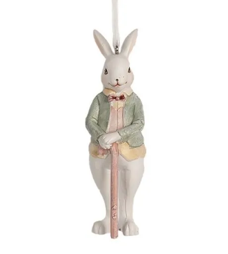 Závěsná ozdobná dekorace králík v saku s holí - 4*4*10 cm Clayre & Eef