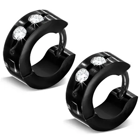 Lesklé kloubové náušnice, chirurgická ocel, černý odstín, čiré zirkony
