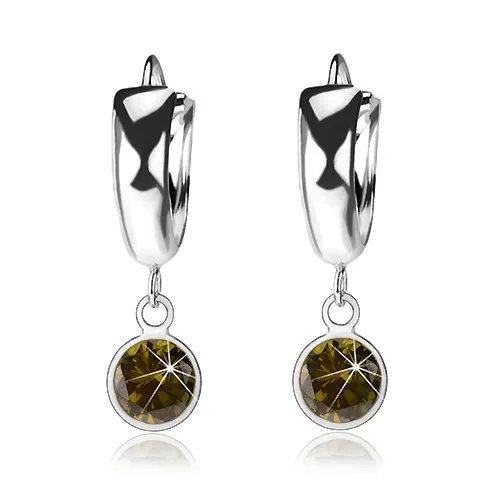 Náušnice ze stříbra 925, lesklý hladký kroužek, tmavě zelený zirkon