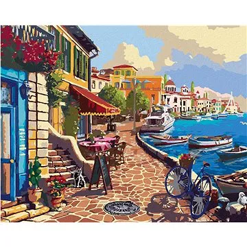 Zuty - Malování podle čísel - KAVÁRNA U MOŘE A LODĚ (IMAGE WORLD-RC), 80x100 cm, vypnuté plátno na r (HRAmmb04619nad)