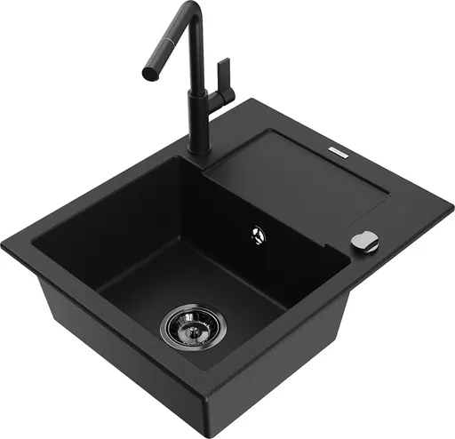 MEXEN/S Enzo granitový dřez 1-miska s odkapávačem včetně baterie Flora, černá 6506-77-670401-70-B