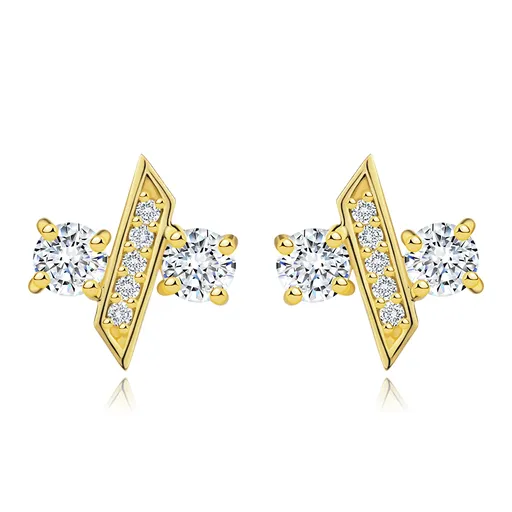 Zlaté náušnice ze žlutého 14K zlata - kulatý zirkon, šikmá tyčinka