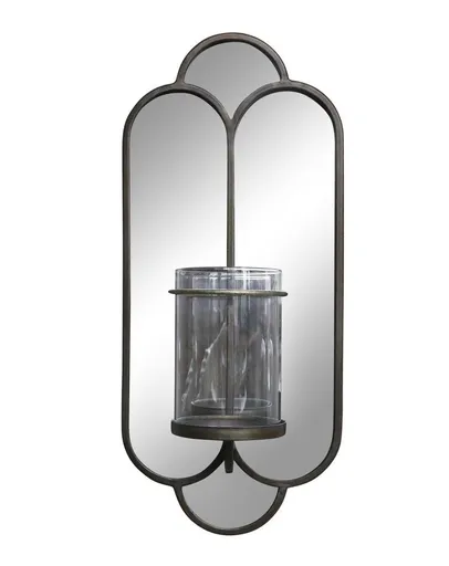 Mosazné antik kovové nástěnné zrcadlo se svícnem Floa - 19*13*43 cm Chic Antique