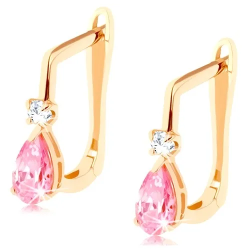 Náušnice ve žlutém 14K zlatě - zirkonek čiré barvy a růžová zirkonová kapka