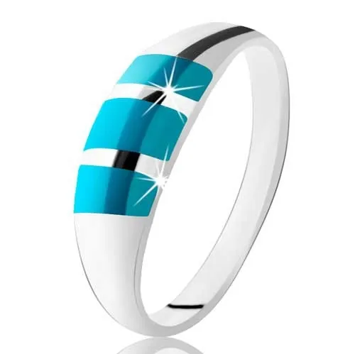 Prsten ze stříbra 925, tři šikmé tyrkysovomodré pruhy, hladký povrch - Velikost: 49
