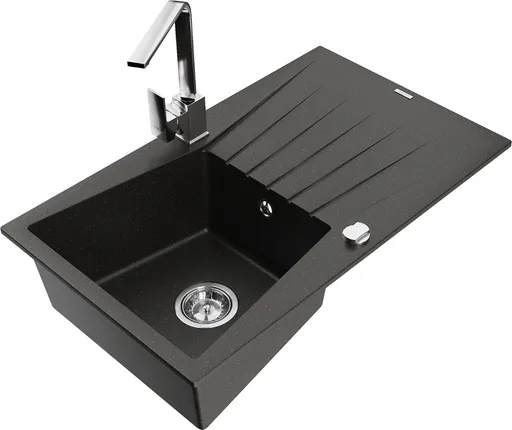 MEXEN/S Cesar granitový dřez 1-miska s odkapávačem včetně baterie Rita, černý/zlatý metalik 6514-73-670300-70 6514-75-670300-00