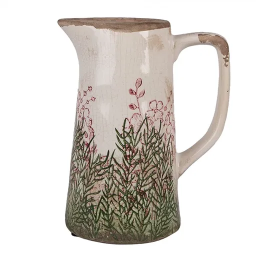 Béžovo-zelený dekorační džbán s růžovými květy Rustic Flower M - 16*11*20 cm Clayre & Eef