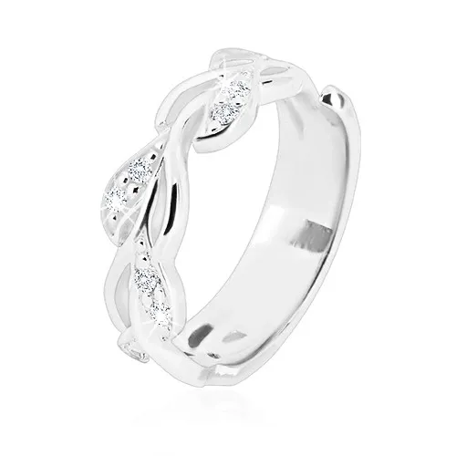 Stříbrný prsten 925 - lesklý stonek s lístky a třpytivými zirkonky - Velikost: 60