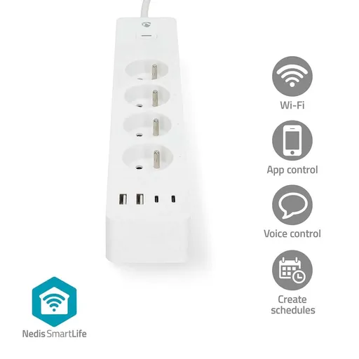 Nedis WIFIP313EWT - SmartLife Prodlužovací Přívod| Wi-Fi | 4x Zásuvka typu F (CEE 7/5) / 4 x USB | 3680 W | 2.0m | Bílá