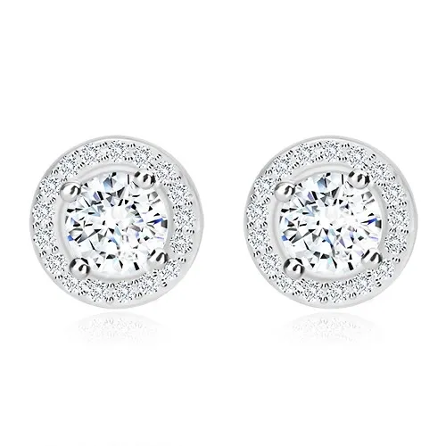 Puzetové náušnice - stříbro 925, třpytivý kulatý zirkon s čirým lemem, 9 mm