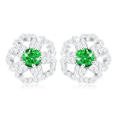 Stříbrné 925 náušnice, třpytivý zirkonový kvítek se zeleným středem