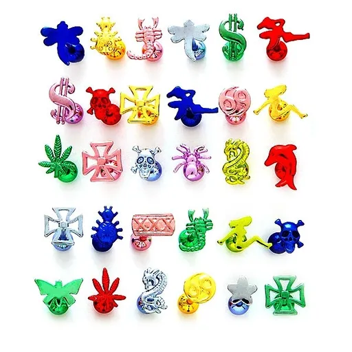 Sada 3 piercingů do jazyka - anodizovaný titan - různé motivy a barvy - Tvar hlavičky: Delfín, lebka, drak