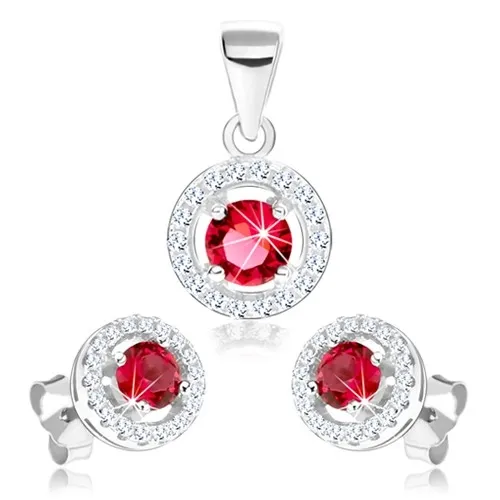 Stříbrný set 925, náušnice a přívěsek, třpytivý obrys kruhu, růžový zirkon