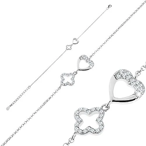 Nastavitelný náramek, stříbro 925, oválná očka, obrys srdíčka a květu