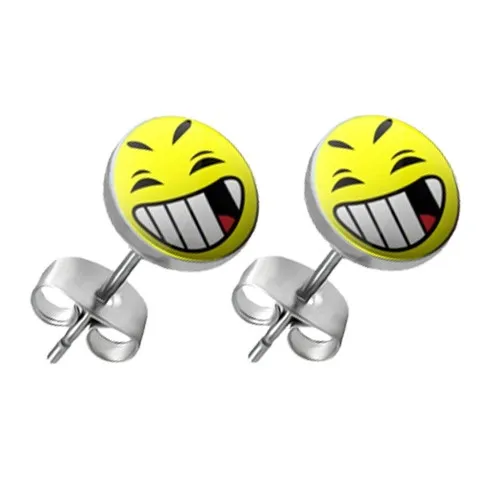 Kulaté náušnice z oceli - smajlík s otevřenými ústy