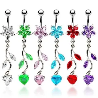 Piercing do bříška - kvítek a srdce - Barva zirkonu: Růžová - P
