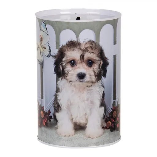 Bílá plechová dóza kasička s pejskem - Ø 10*15 cm 6BL0163