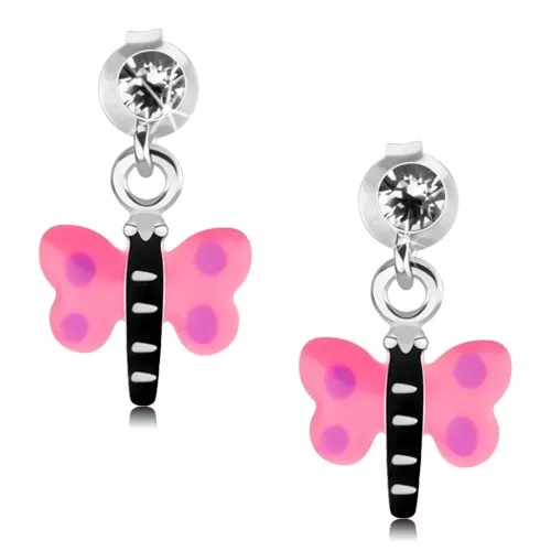 Stříbrné 925 náušnice, motýlek s růžovými křídly a fialovými tečkami