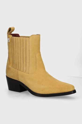 Semišové kotníkové boty Tommy Hilfiger TH SUEDE COWBOY BOOT dámské, béžová barva, na podpatku, FW0FW08034