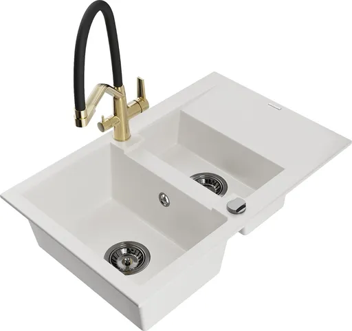 MEXEN/S Gaspar granitový dřez 1.5 s odkapávačem včetně baterie Duo, bílá 6507-20-671701-57-B