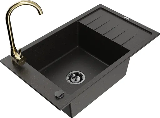MEXEN/S Elias granitový dřez s odkapávačem včetně baterie Telma, černá/zlatá 6511-75-670200-50-B