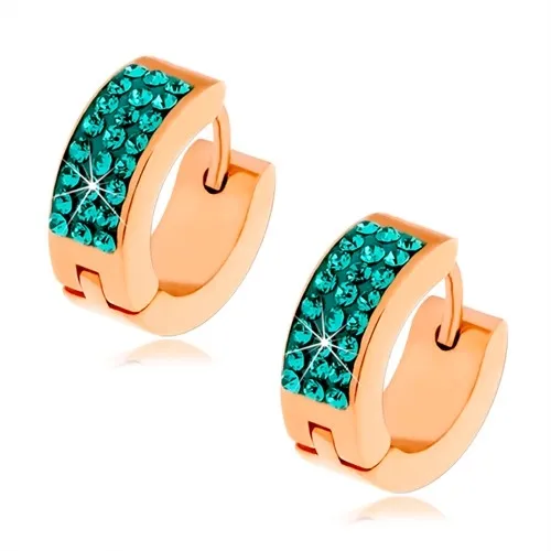 Kloubové ocelové náušnice zlaté barvy, tři linie tyrkysových zirkonů