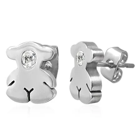 Ocelové náušnice - medvídek se vsazeným čirým zirkonem, puzetky
