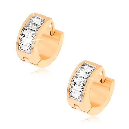 Kloubové náušnice z oceli zlaté barvy, třpytivé čiré kamínky v proužku