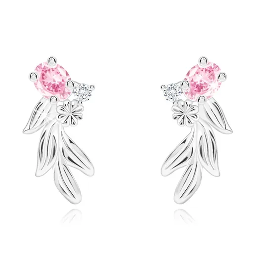 Puzetové náušnice ze stříbra 925 - vyřezávané listy, malý květ, růžové a bílé zirkony