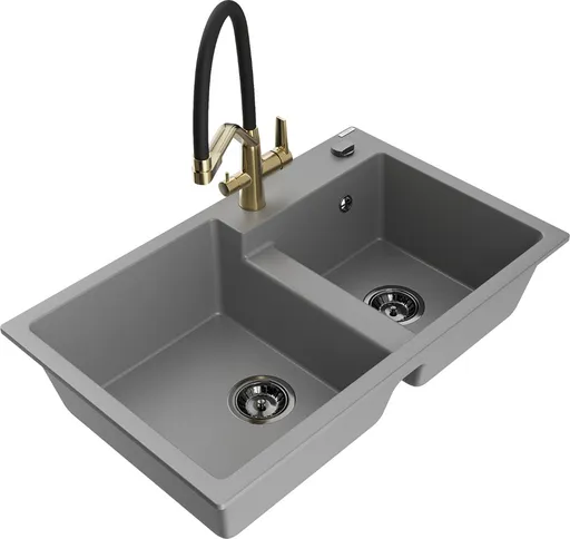 MEXEN/S Tomas granitový dřez 2-bowly včetně baterie Duo, šedá 6516-71-671701-57-B