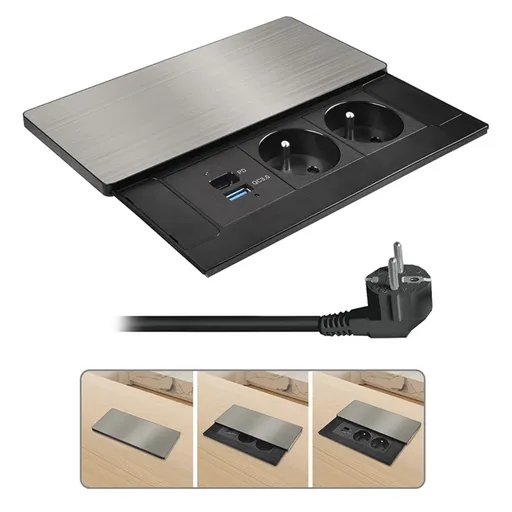 Solight vestavný blok zásuvek s posuvným krytem, 2 zásuvky, USB A+C 65W PD, 2m, stříbrný PP128C-PD65