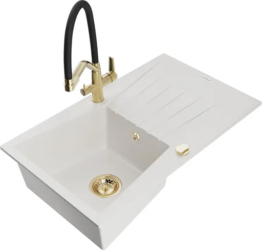 MEXEN/S Cesar granitový dřez s odkapávačem včetně baterie Duo, bílá 6514-20-671701-57-G