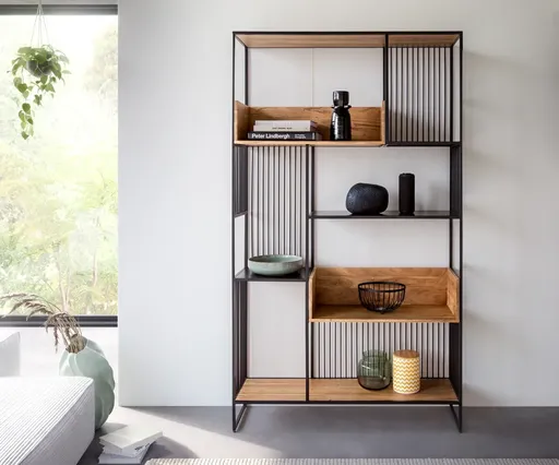 Knihovna Lukeo 115x200 cm akácie přírodní kov černá